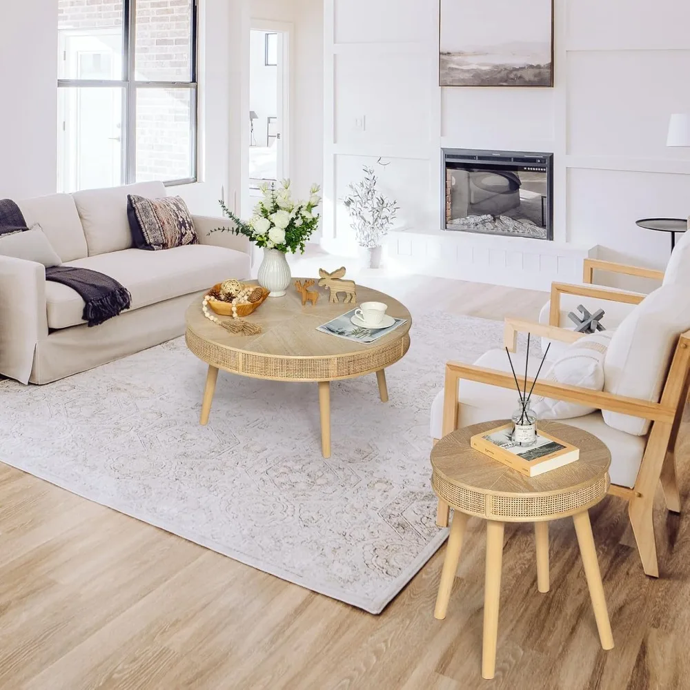 Rustic Rattan Nesting Coffee and Side Tables Set for Living Room with Handcrafted Farmhouse Style