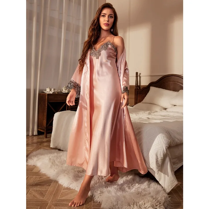 

Contrast Lace Pajama Set Long Sleeve Robe With Belt V Neck Slip Dress Women's Sleepwear Loungewear