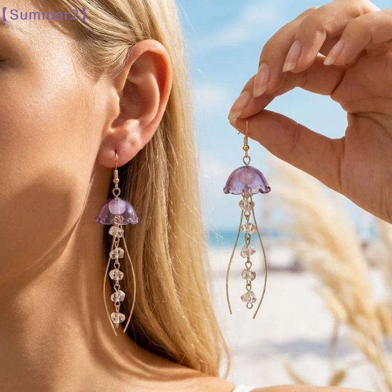 【Xia2】Colorful Jellyfish Drop Earrings For Women Ocean Animal Dangle Crystal Wavy Tentacle Summer Beach Jewelry Gift{S}