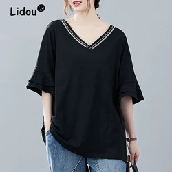 Embroidery V Neck Short Sleeve Black White Oversized Streetwear Tee T Shirts Femmes Summer Casual Tunic Tops for Women Clothing