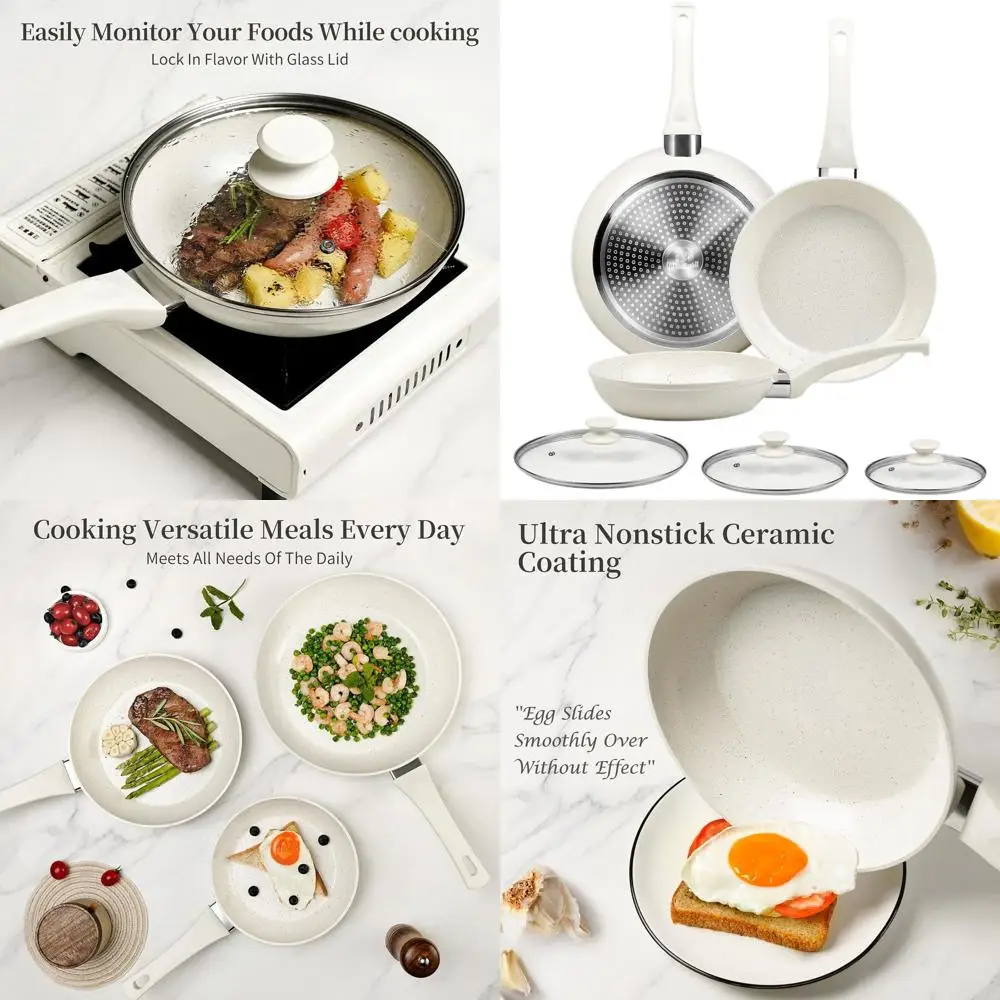 

Non-Stick Ceramic Frying Pan Set with Lid - White Induction Skillet, PFOA & PFAS Free Cookware for Healthy Cooking