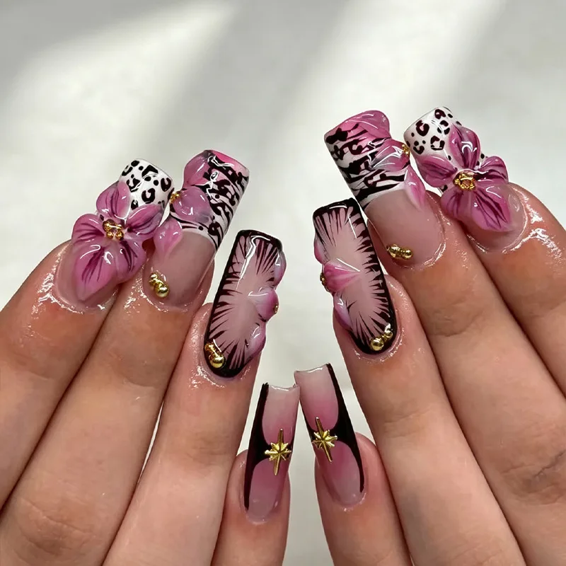 24Pcs False Nails French Leopard Print Spot Pattern Full Long Square Press on Nails False Gradient Flower Art Finished Fake Nail
