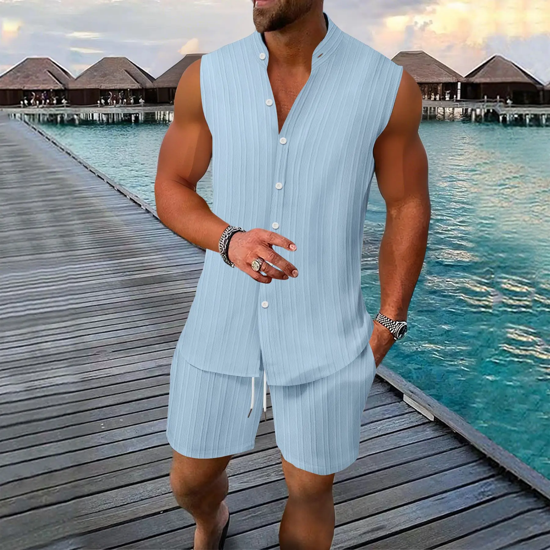 2025 Summer Style European-American Men's V-Neck Shirt with Loose-Fitting, Comfortable, Sleeveless Shorts Set