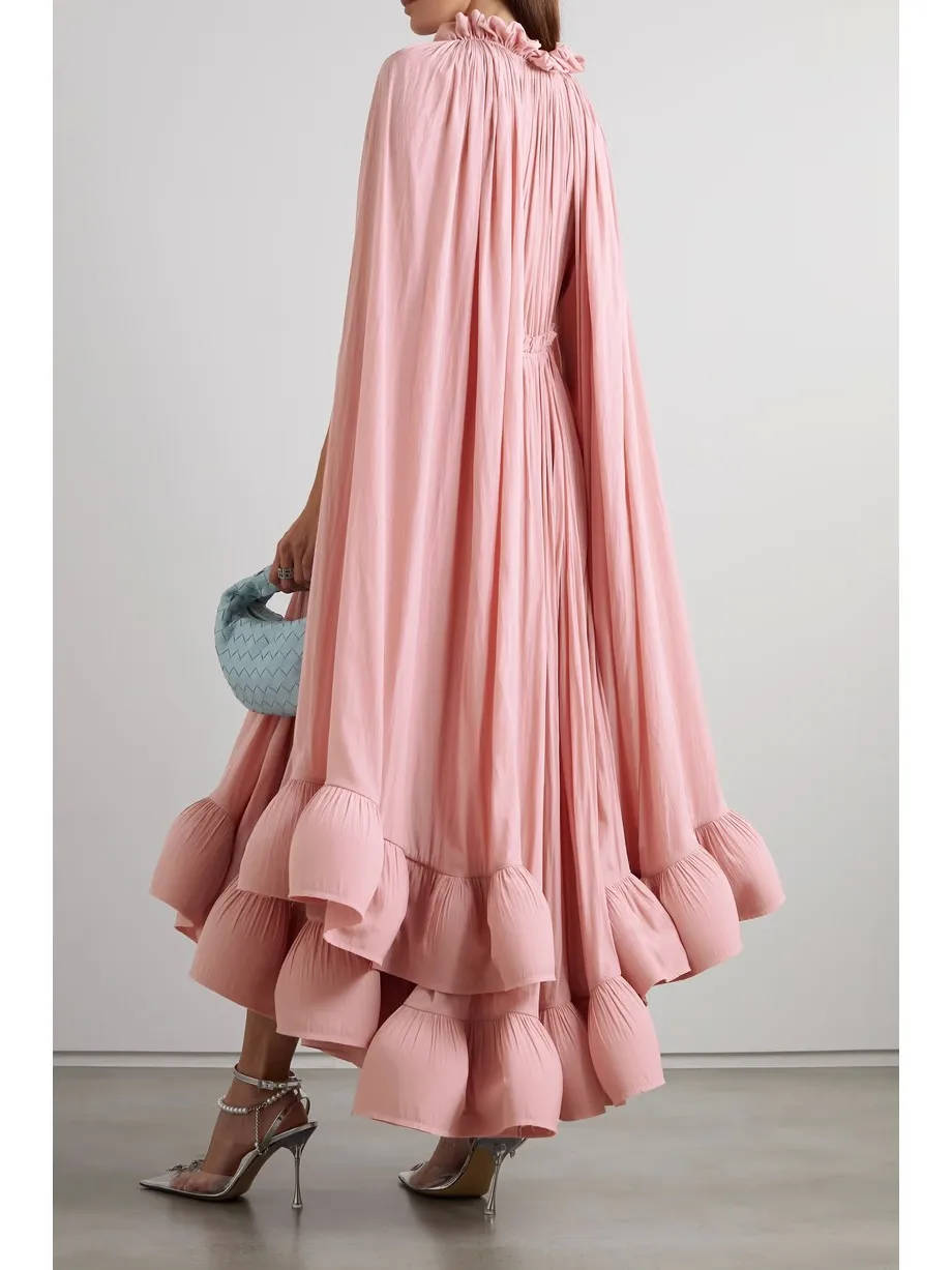 Cape Effect Tie Ruffled Crepe Dress 2025 Fashion Pink Chiffon Arabic Dubai Formal Party Dresses Evening Gown فساتين سهرة Custom