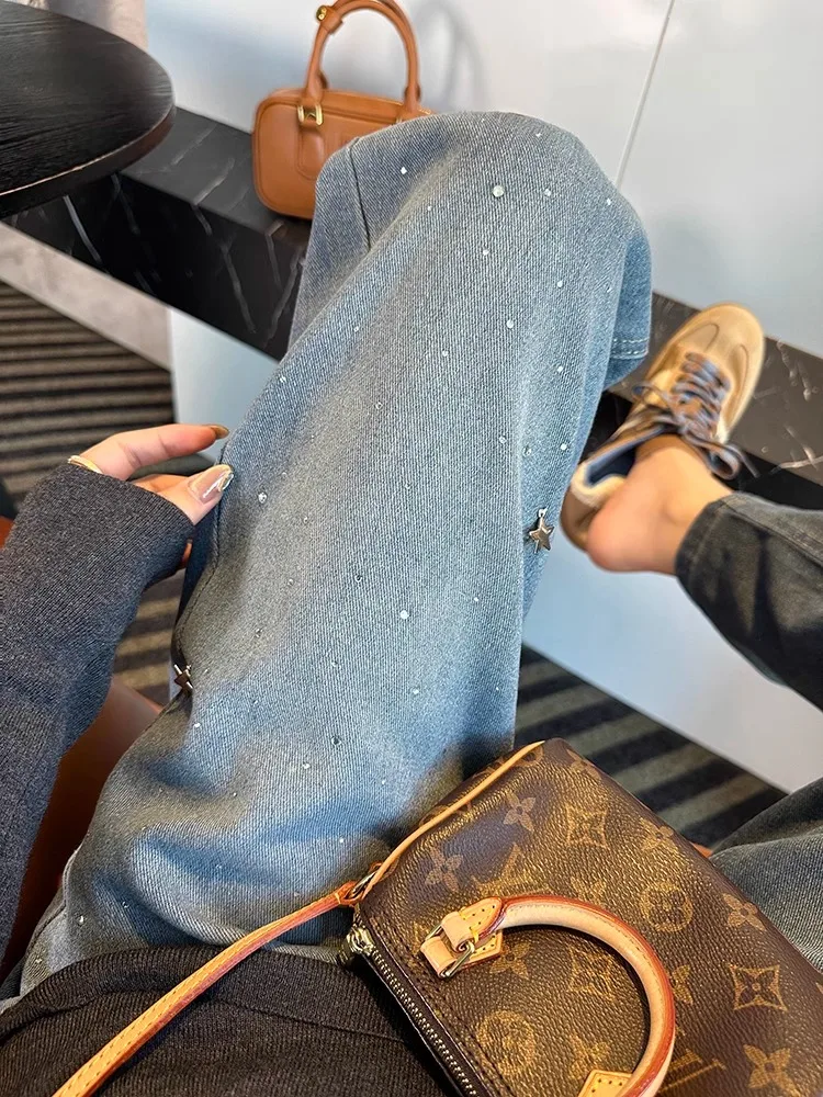 

High Waist Wide Leg Diamond Embellished Thin Straight Loose Long Jeans Women's Spring 2025 Casual Fashion Denim Pants
