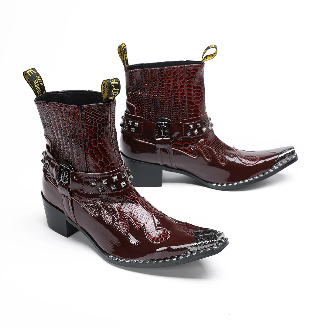 Schwarze Herren-Stiefeletten aus Schlangenleder mit Nietenbesatz, Blockabsatz, auffälliges Design, modische Schuhe für Bars, Bühnen, Streetwear und besondere Anlässe. – Detail 14