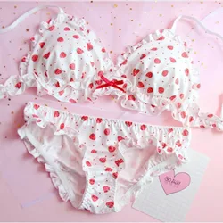 Strawberry / Print Japanese Milk Silk Bra & Panties Set Wirefree Soft Underwear Intimates Set Kawaii Lolita Bra and Panty Set