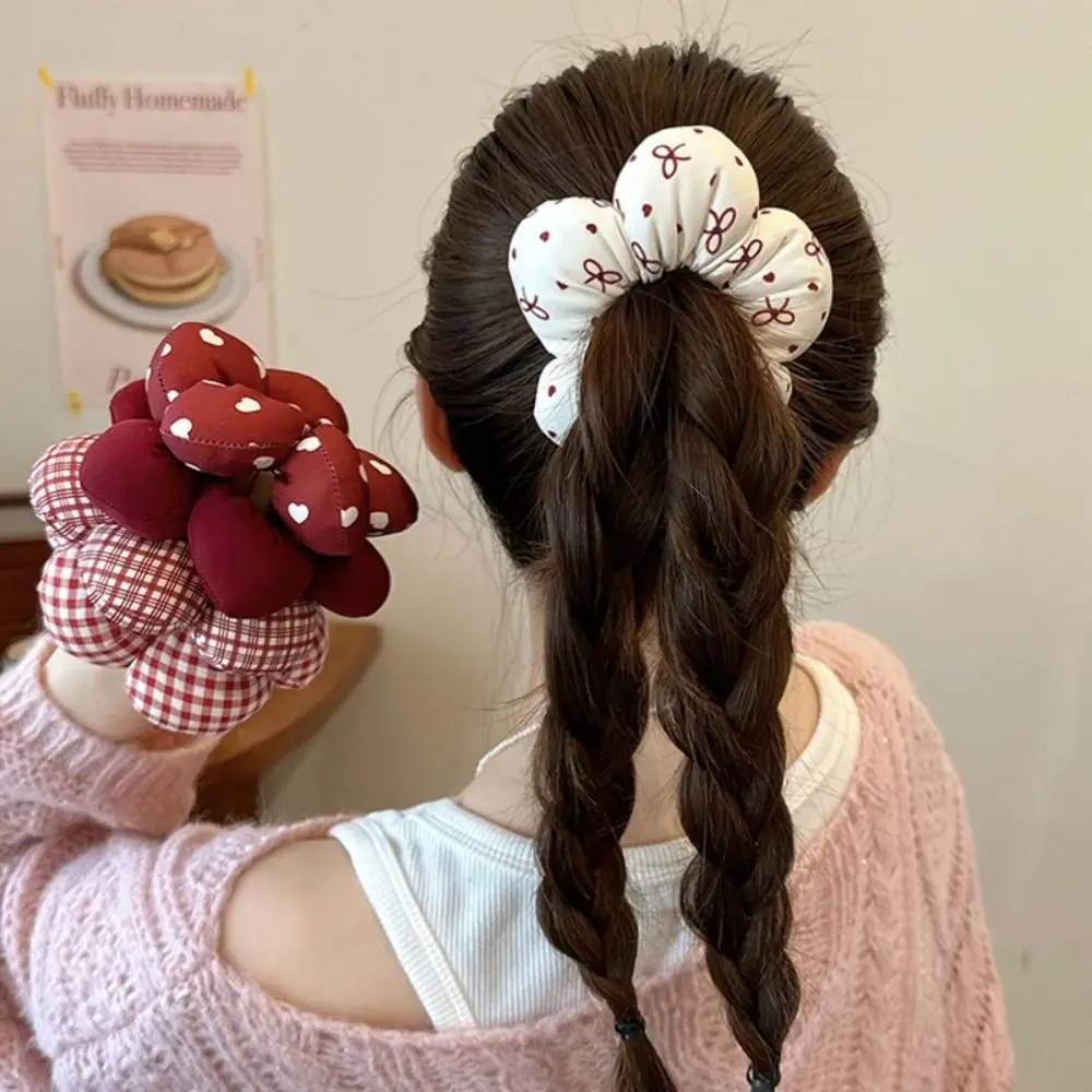 Cute Filled Cotton Flower Scrunchie Oversized Elastic Plaid Hair Ropes Handmade Ponytail Decorative Hairband Hair Accessories