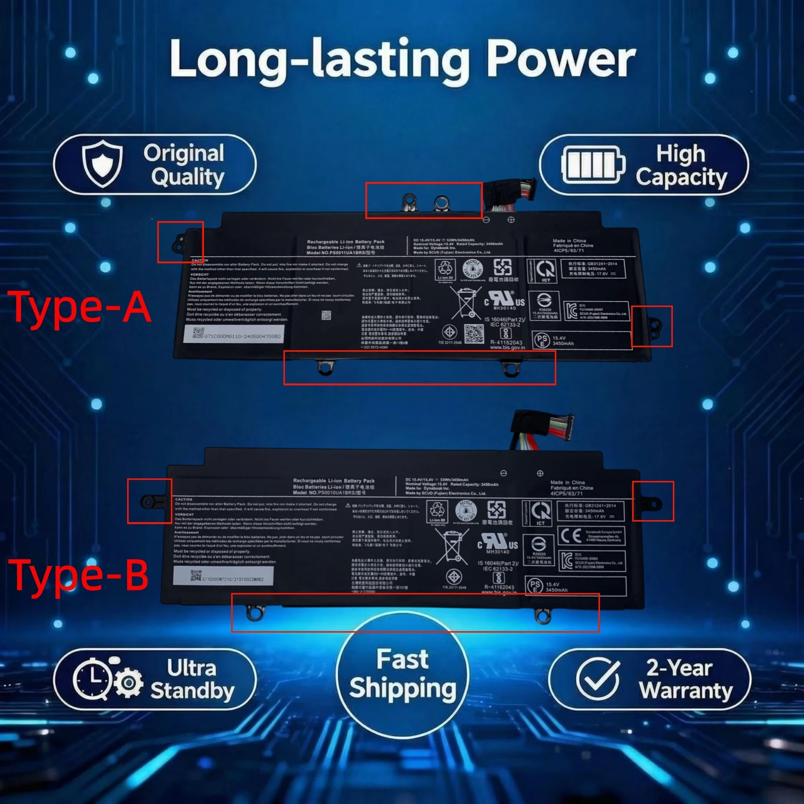 Original PS0010UA1BRS PS0011UA1BRS laptop Battery 15.4V 53Wh For Toshiba Durabook Portege X30W-J X30L-J X30L X30W PCR10A-0090