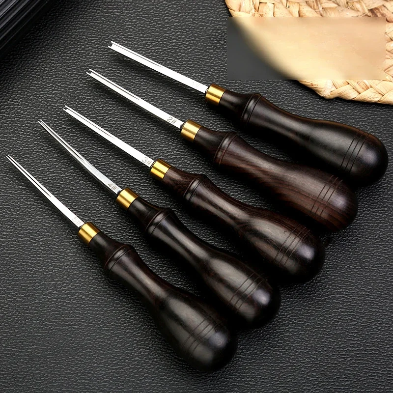 Leather Edge Skiving Beveler Tool ,Wide Mouth Leathercraft Edge Skiving Beveler Leather Trimmer with Wooden Handle Five Sizes