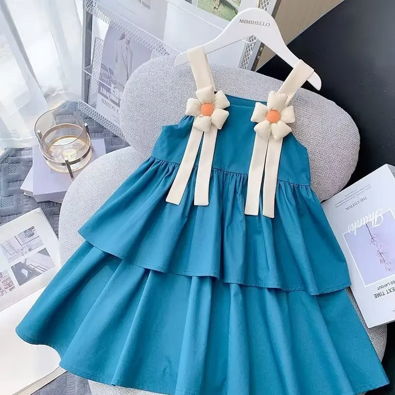 Summer Flower Dresses for Girls Wedding Dress Children  Party Gown Kid Girl Layer Princess Sling Evening Casual Dress