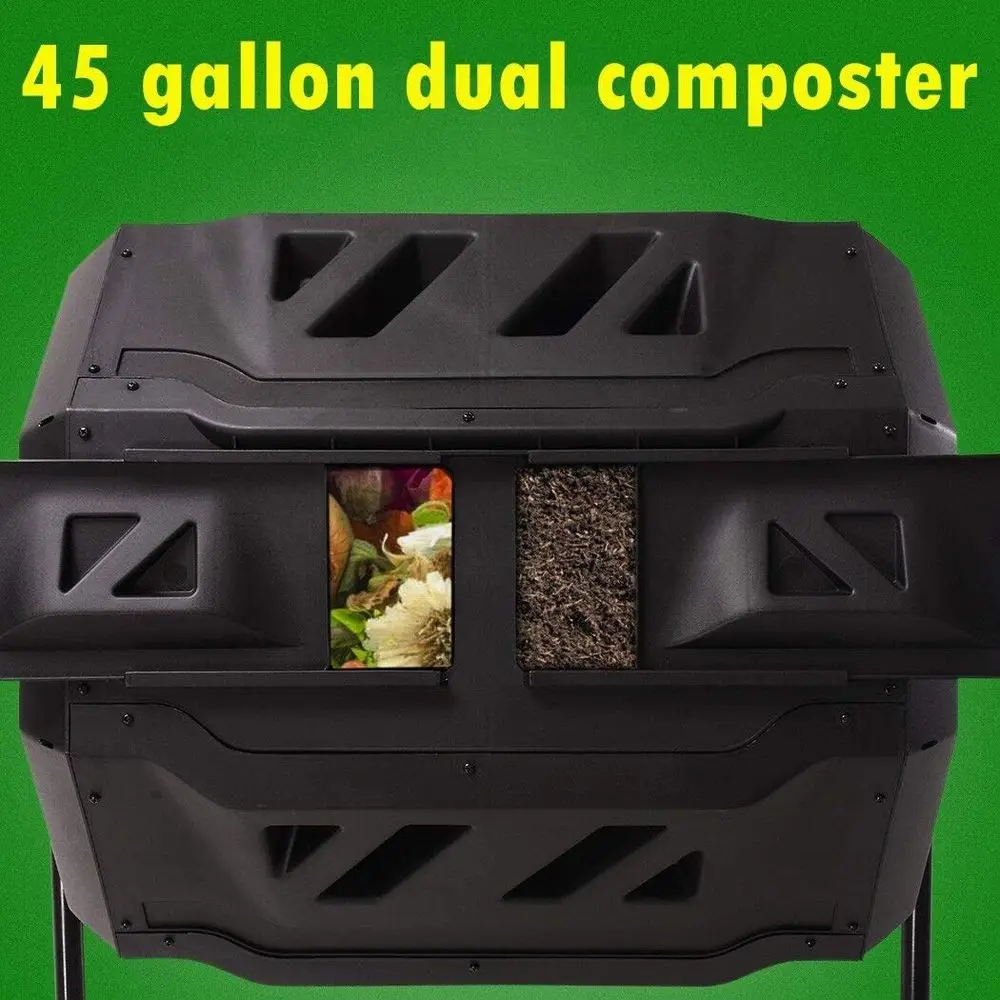 Rotating Compost Tumbler Bin, Large Dual Chamber Outdoor Garden Composter with Wider Animal-Proof Sliding Door for Home Garden C