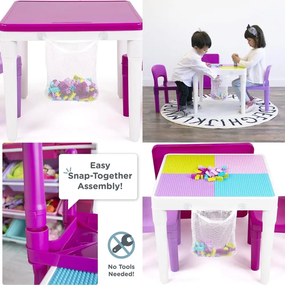 طقم طاولة فنية وحرف للأطفال الصغار باللون الوردي والأرجواني والأبيض - طاولة لعب 2 في 1 مع كراسي لبنات البناء والمزيد