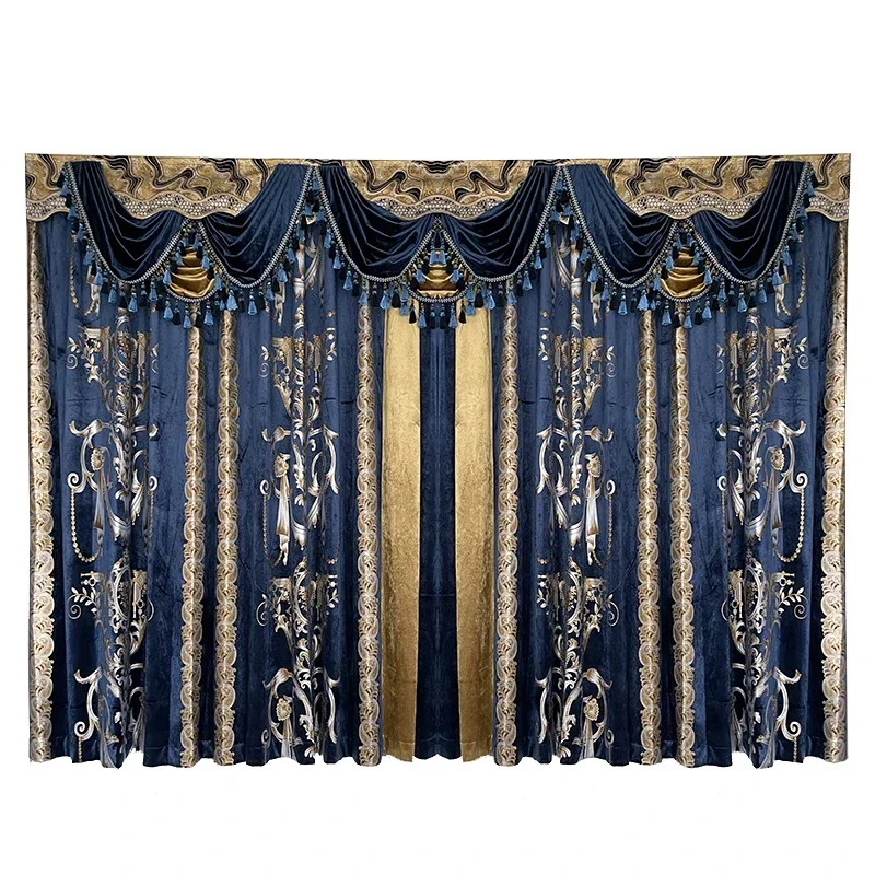 Luxe Europese Retro Paleis Blauw Verguld Fluwelen Patchwork Gordijnen voor Woonkamer Slaapkamer Franse Raam Villa Custom Valentie