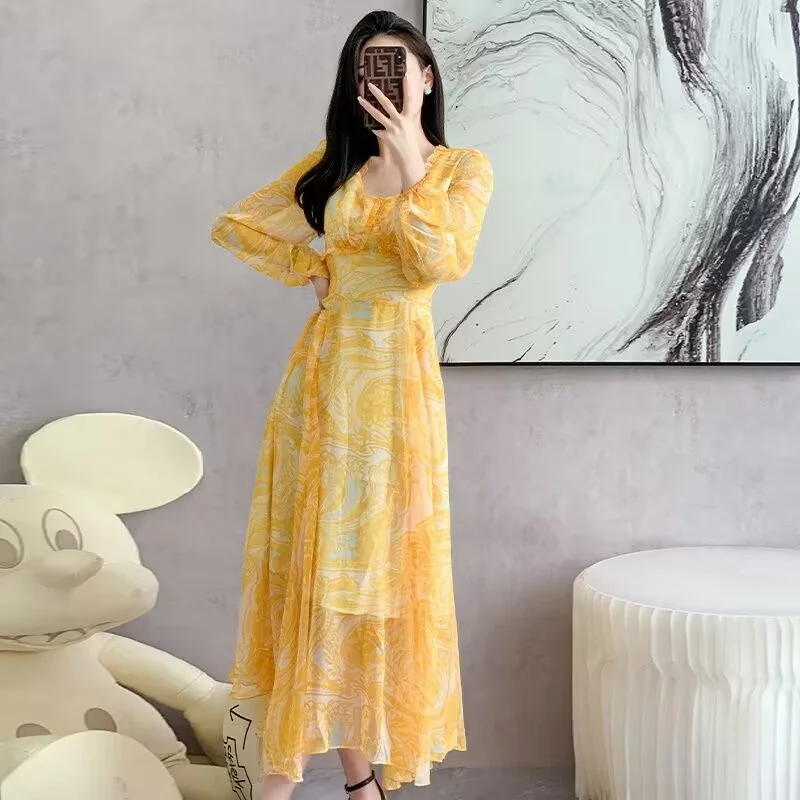 

Long Sleeve Yellow Print Floral Chiffon Dress Summer A-Line High Waist Elegant Long Dress Holiday Beach Party Vestidos