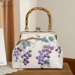 Women Vintage Grape Embroidery Fabric Handbag 2026 Female Retro Chic Cottagecore Chinese Style Bamboo Handle Chain Shoulder Bag