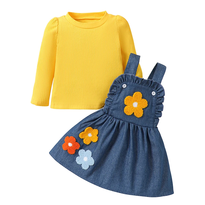 

Kids Girl Fall Outfits Solid Color Ribbed Knit Long Sleeve Tops Flower Embroidery Overalls Dress 2Pcs Clothes Set