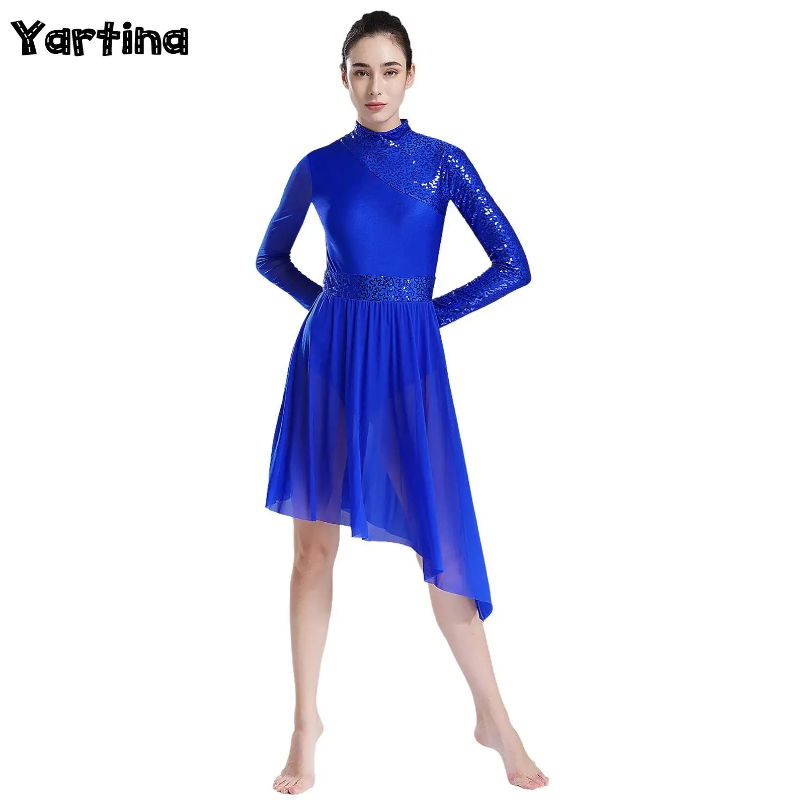 Womens Adult Gymnastics Figure Skating Dress Modern Lyrical Ballet Tutu Dance Costume Long Sleeve Irregular Hem Jazz Dancewear