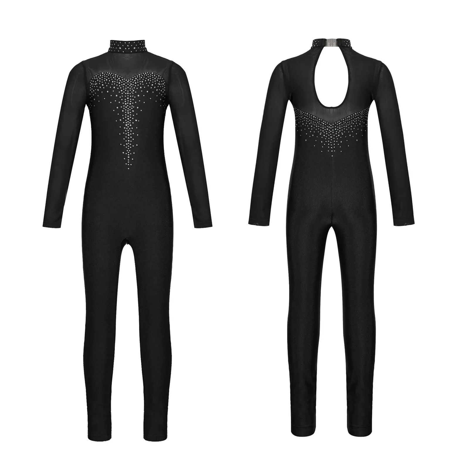 Kinder Mädchen Figur Tanz Trikot Skating Gymnastik glänzenden Strass Overall schiere Mesh Langarm Bodysuit Tanz kostüm