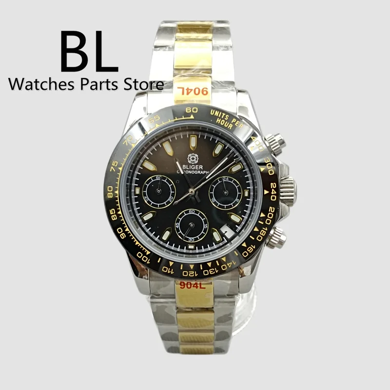 BLIGER 39mm Chronograph Multifunction Quartz Watch For Men VK63 Movement Black Dial TwoTone Silver Gold Strap Reloj Hombre Lume