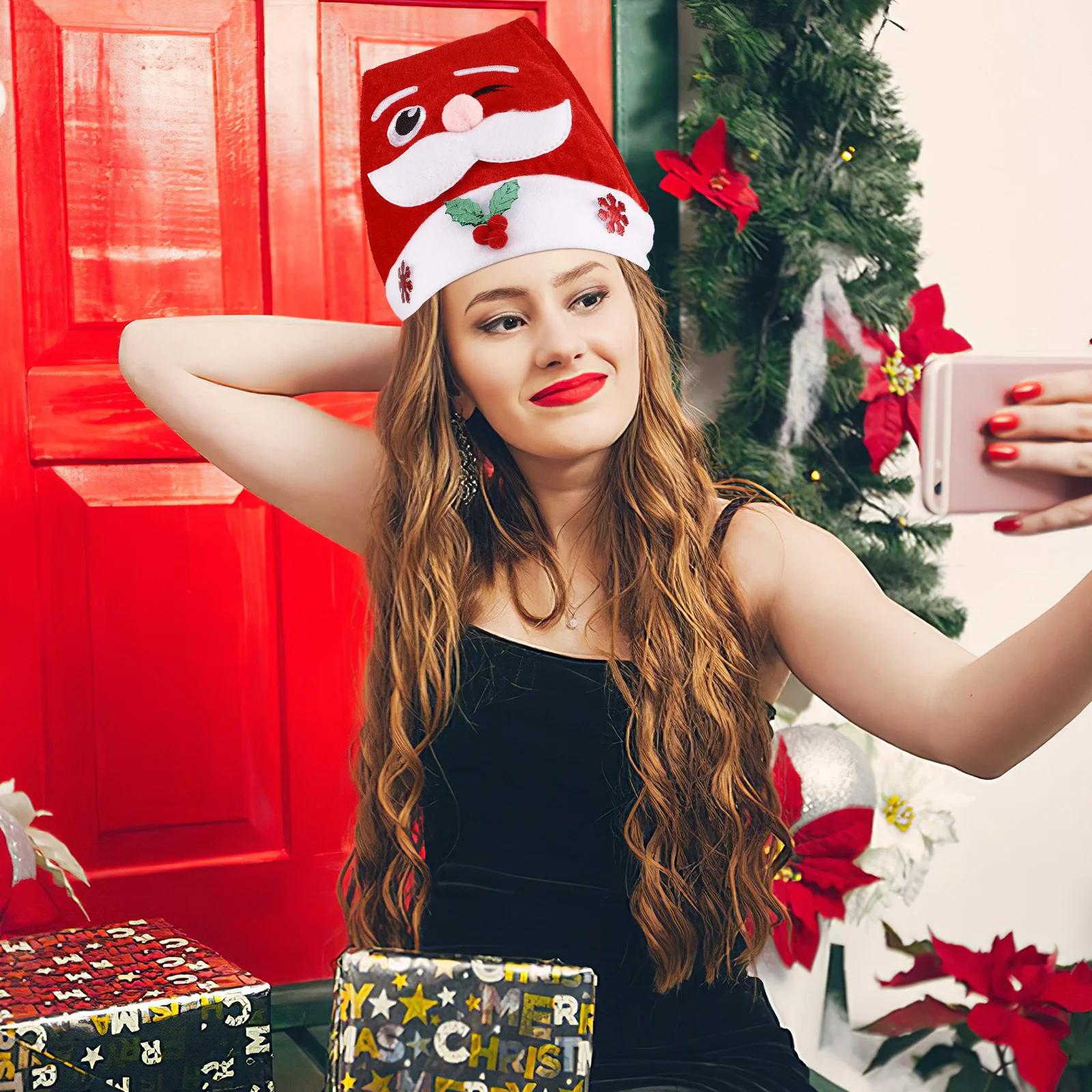 

Novelty Santa Hat Winking Character Design Festive Winter Headwear for Christmas Party Holiday Event Costume Accessory