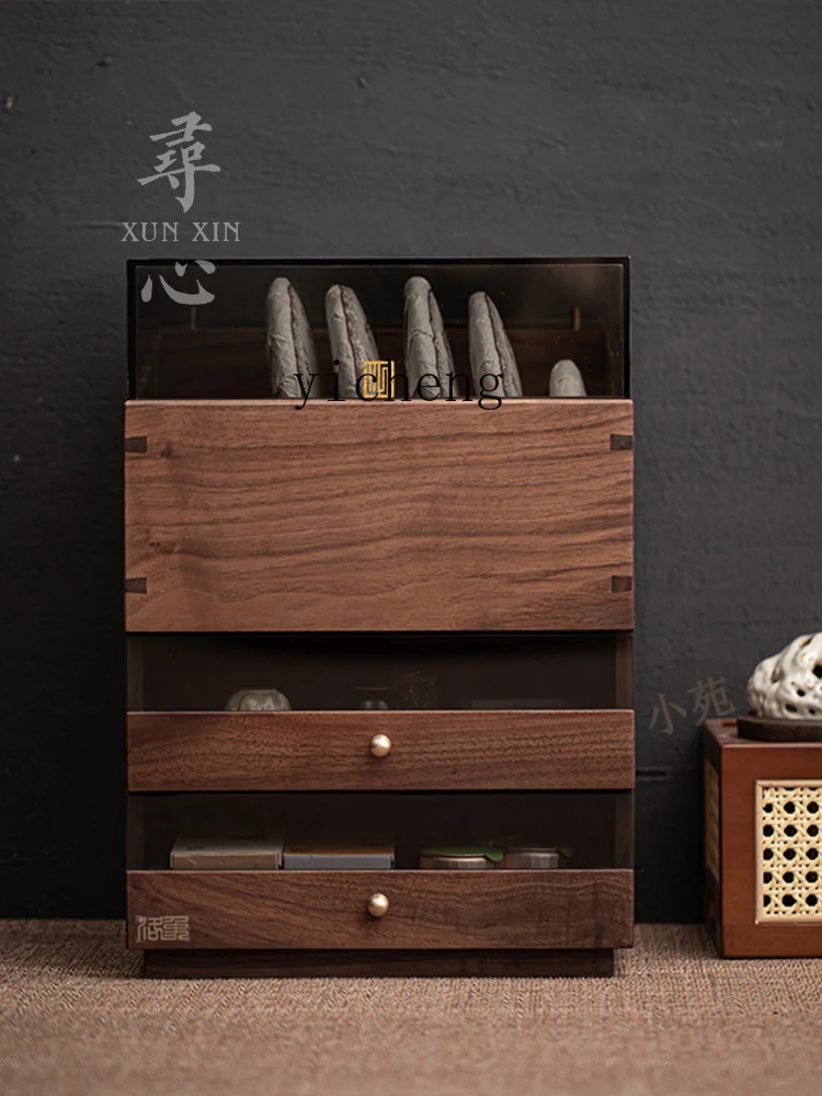 A3-6 Walnut Tea Set Storage Cabinet Double Drawer Solid Wood Jewelry Box Tea Table Cabinet Tea Table Storage Rack