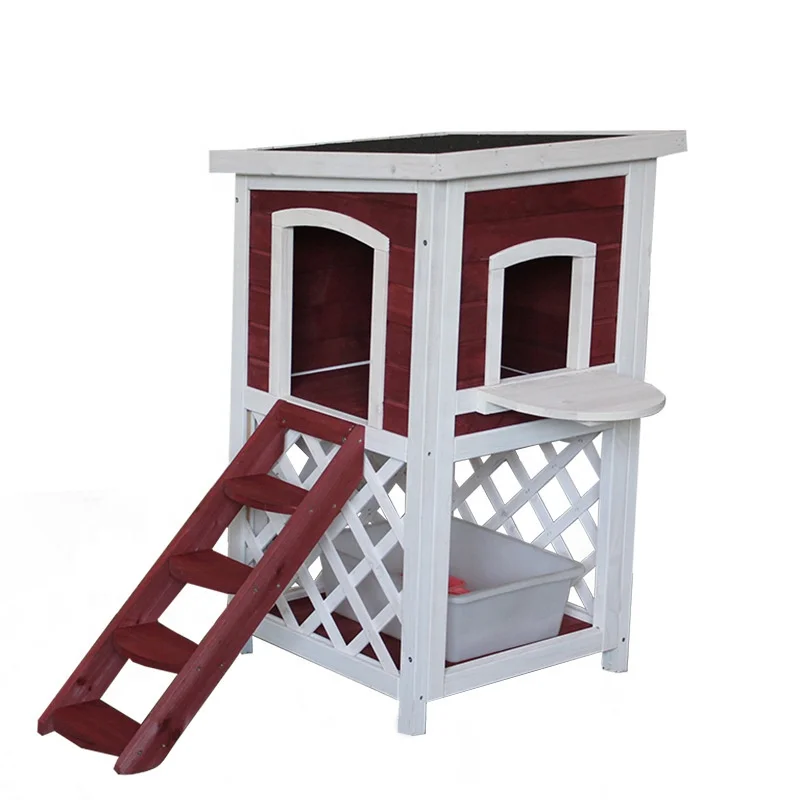 

Wooden 2-Level Outdoor Cat House with Escape Door Weatherproof Kitten Condo Cat Shelter for Pet Cats