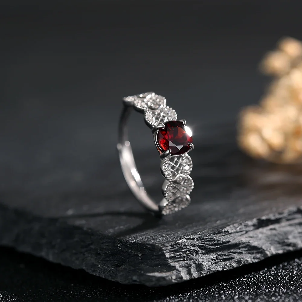 Sterling 925 Silver Ring for Women 6.5mm Natural Garnet Wedding Bands Adjustable Floral Design Birthstone Rings Boho Jewelry