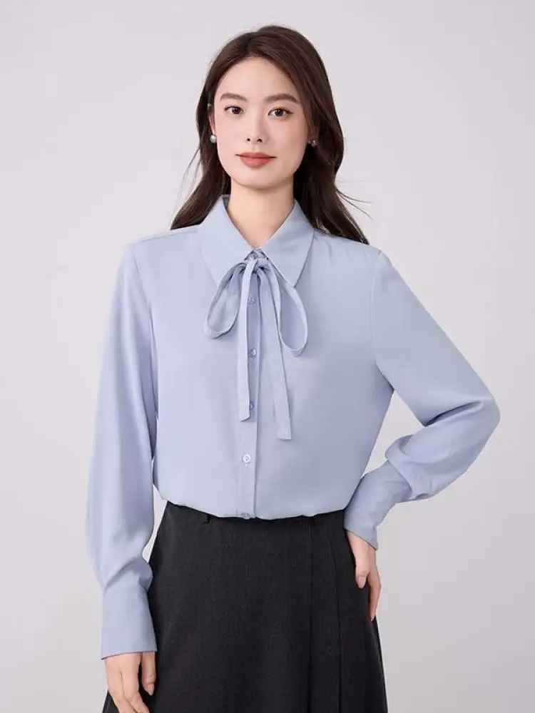 

Женская элегантная профессиональная рубашка в стиле ретро с белым и синим бантом на шнуровке, весенне-осенние однобортные формальные топы с длинными рукавами на рабочем месте