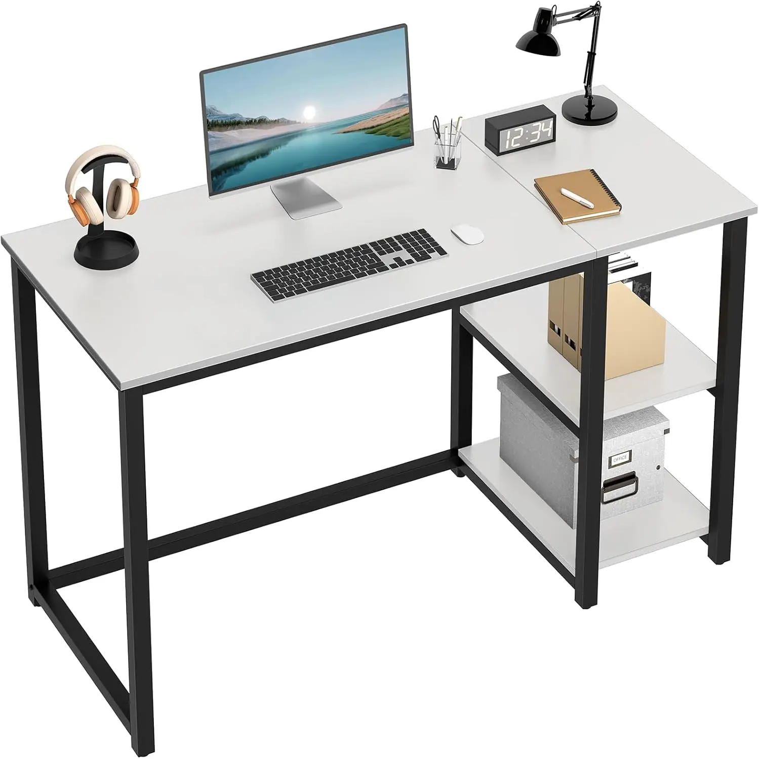 

Computer Desk 47 inches with 2-Tier Shelves Sturdy Home Office Desk with Large Storage Space Modern Gaming Desk Study Writing