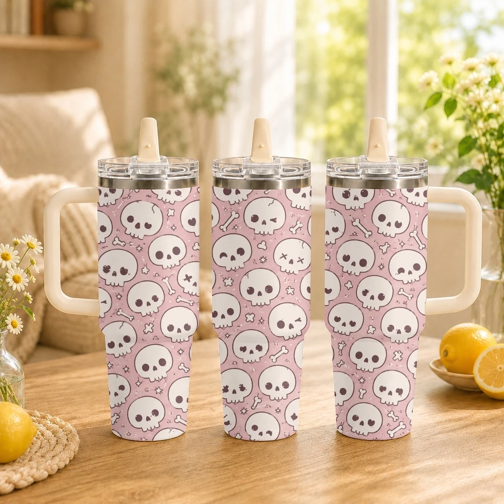 Cute Pink Spooky Skull Halloween Vacuum Flasks 40oz Thermal Tumbler with Handle Stainless Steel Insulated Water Portable Mug Cup