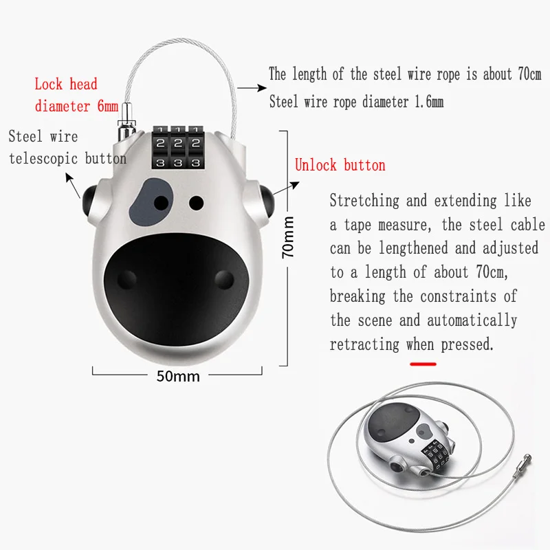 Bicycle Steel Cable Code Lock Suitcase Car Sled Telescopic Wire Rope Lock Bicycle Helmet High-precision Code Wheel Password Lock