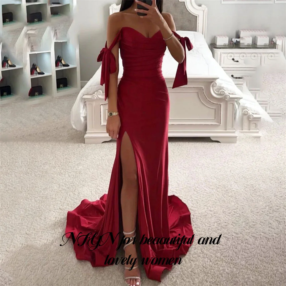 

RFYR Sexy Red Party Dress Off Shoulder Stain Sweetheart Celebrity Dress Pleat Occasion Prom Dress with Split 프롬드레스 Customized