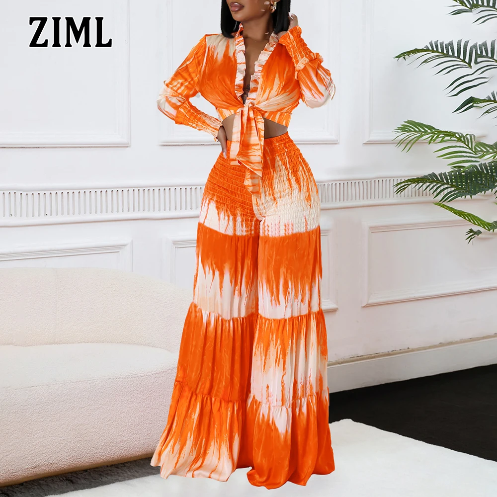 

ZIML Hit Color Printing Two Piece Sets for Women V Neck Long Sleeve Short Tops High Waist Loose Pants Causal Set Female Fashion