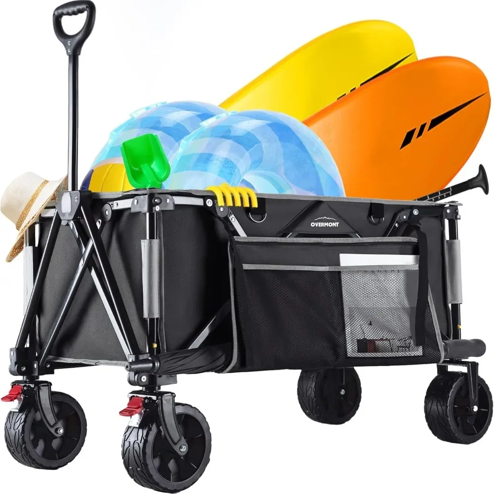 

Collapsible Wagon Cart with Wheels - All-Terrain 3.2in Wide Wheels - Foldable 150L Large Capacity with Side Pockets for Camping