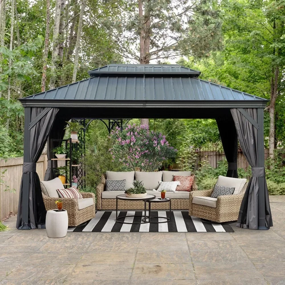 10x14FT Metal Gazebo with Double Galvanized Steel Roof，Detachable Curtain and Netting Included，Hardtop Gazebo