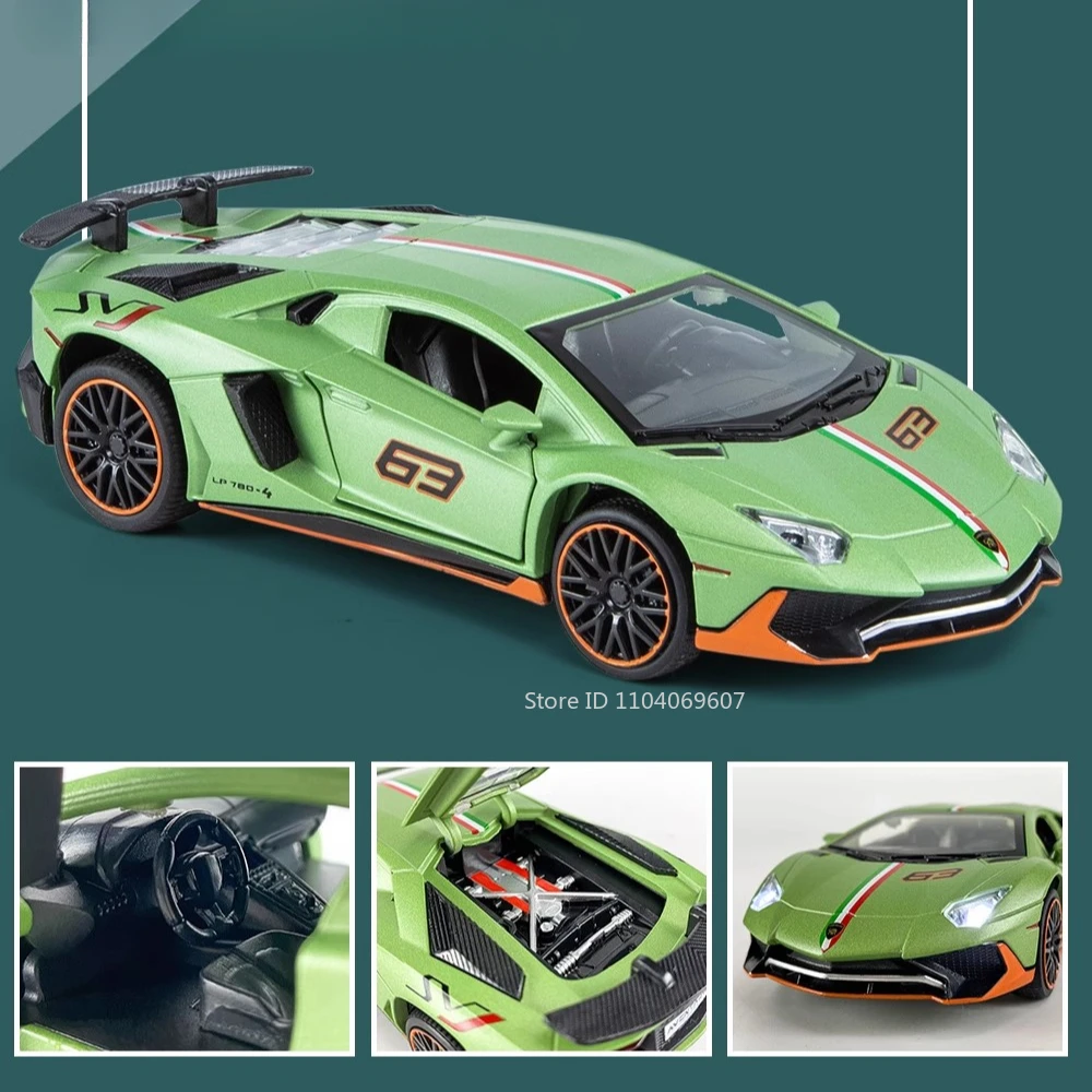 1:32 Lambor Aventador SVJ LP780-4 Sports Car Model Toy Diecast Metal Scissor Doors Opened Simulation Sound Light Hobby Gifts