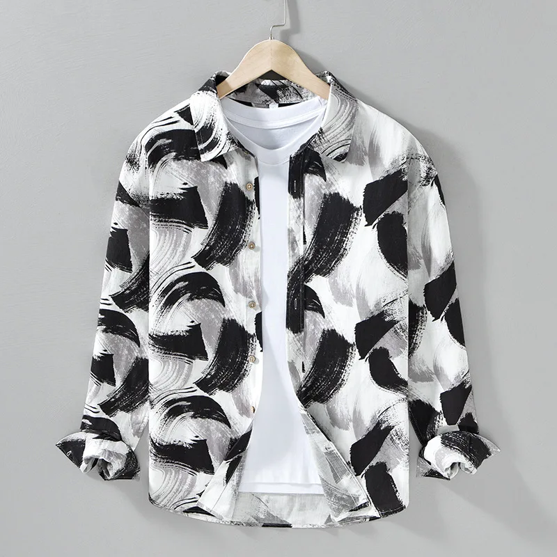 

Мужская льняная рубашка с длинным рукавом для весеннего сезона, молодежная повседневная рубашка с принтом и цветовыми блоками, свободного кроя, в уличном стиле, на пуговицах, верхняя одежда/куртка