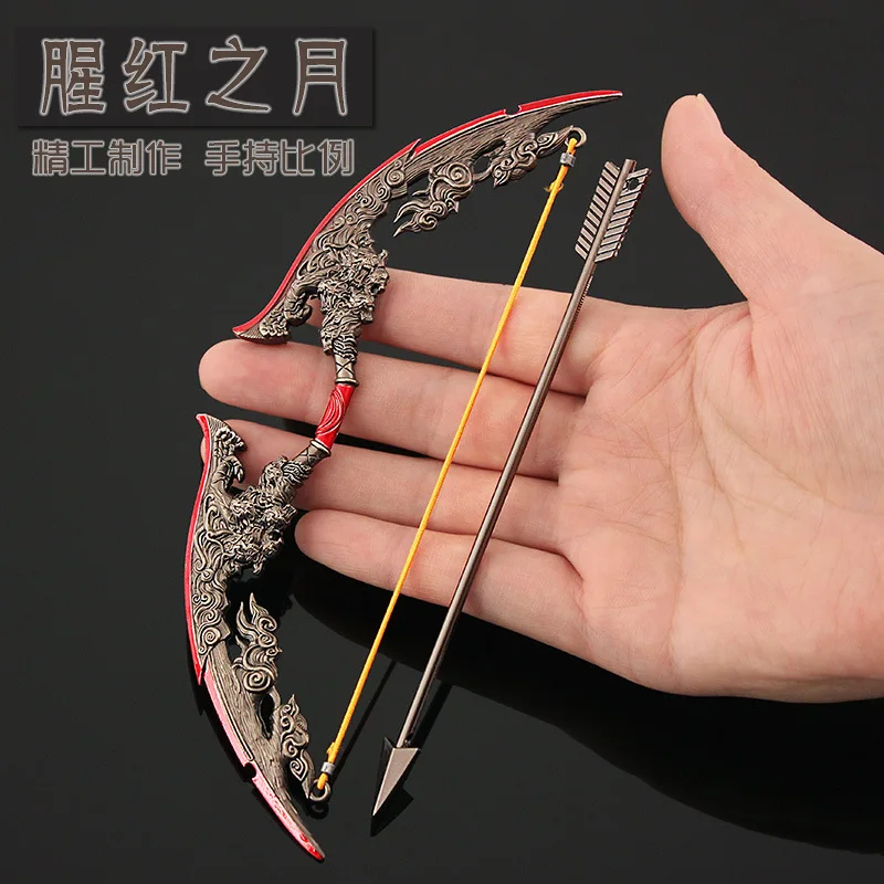 17cm Blood Moon Full Metal Bow and Arrow Keychain Naraka: Bladepoint Ancient Carving Weapon 1:6 Miniatures Home Ornament Crafts