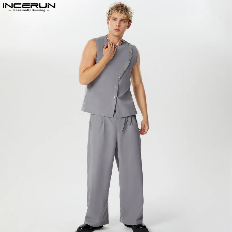 INCERUN Men Sets Summer Solid Color O-neck Sleeveless Tank Tops & Pants Two Pieces Sets Streetwear 2024 Fashion Men Casual Suits