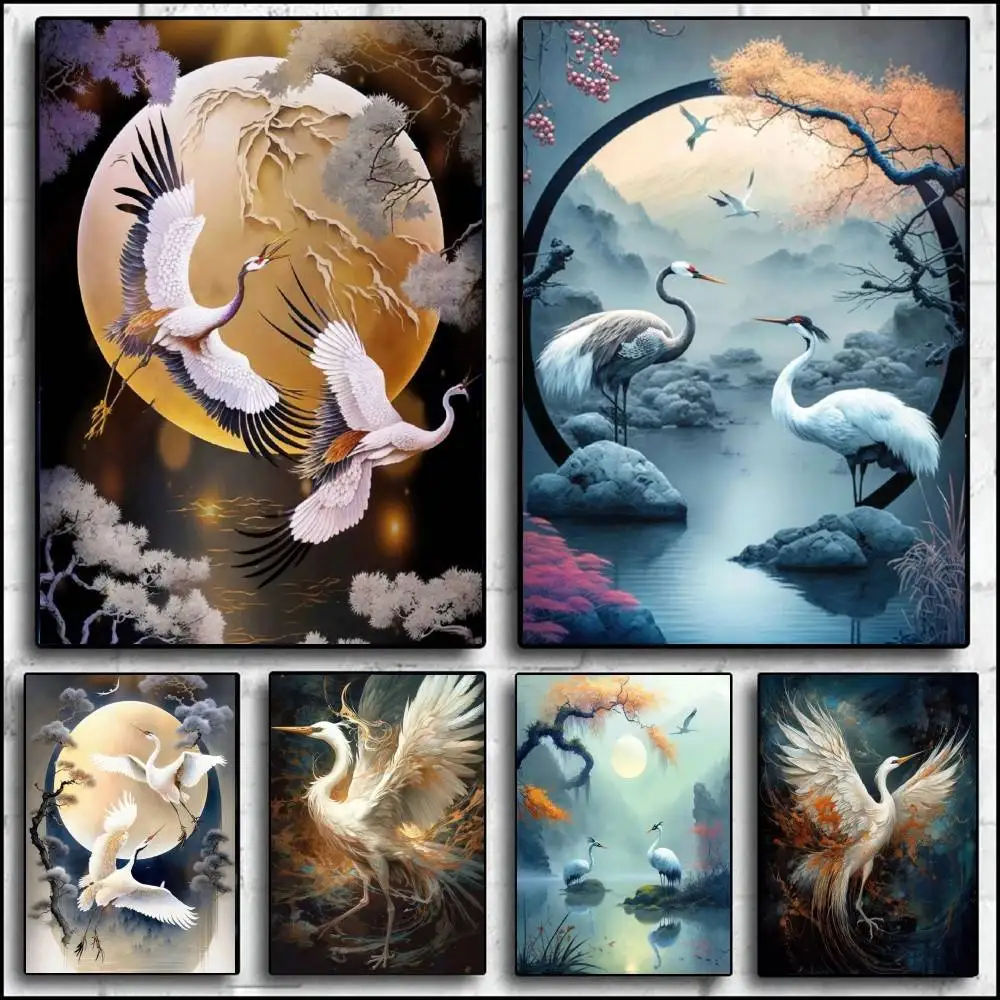 مجردة النمط الصيني القمر كرين الطيور المشارك ذاتية اللصق الفن ورقة مقاومة للماء ملصق مقهى بار غرفة جدار ديكور #1