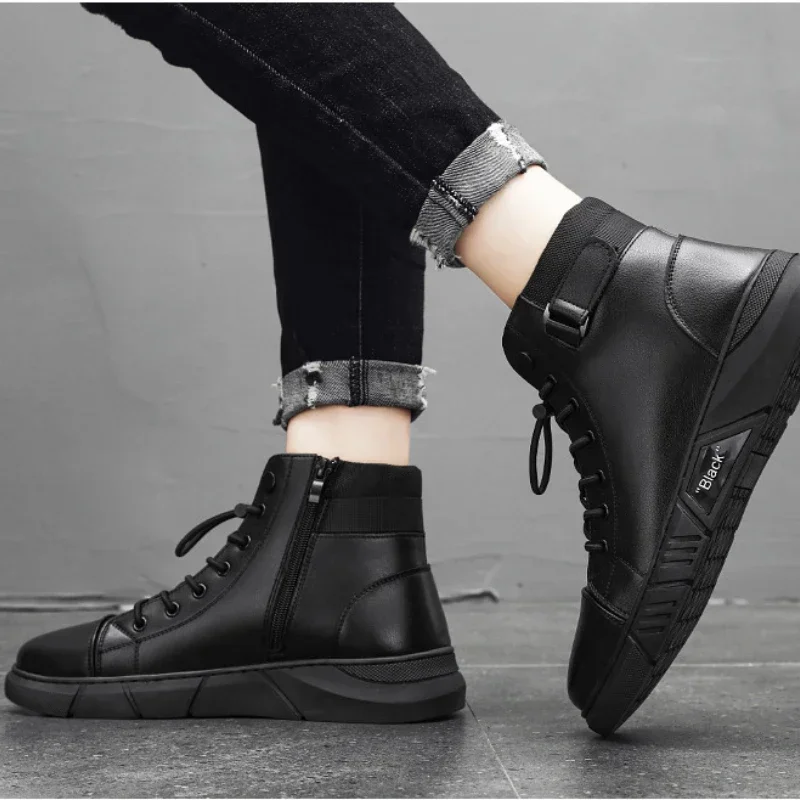 PU Leather Men Boots Platform Ankle Boots for Men Autumn Comfortable Working Shoes 2024 Winter Plush Warm Booties Bota Masculina