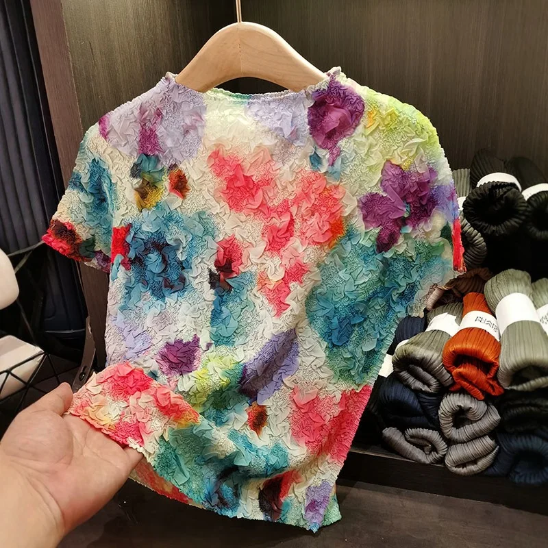 

Miyake Pleated T-shirt Embossed Print Colorful New Fashion Fold Tie-dye Embroidery Short-sleeved Thin Pleat T-shirt Women's Tops