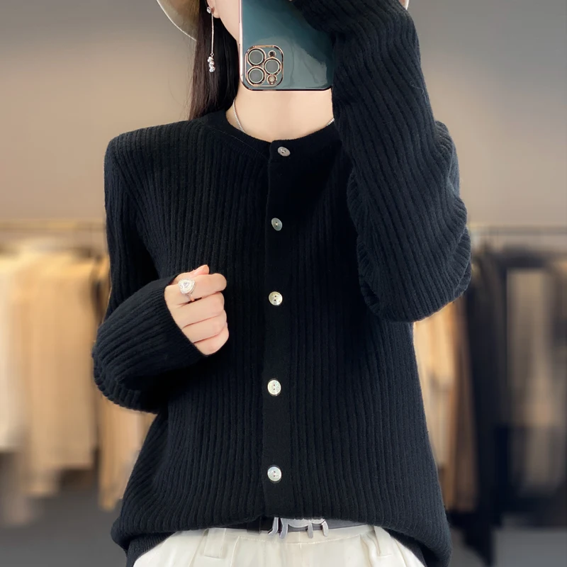 Women Pure Wool Soft Sweater O-Neck Thickened Vertical Stripe Cardigan Autumn Winter Female Coat Basis Casual Knitting Top