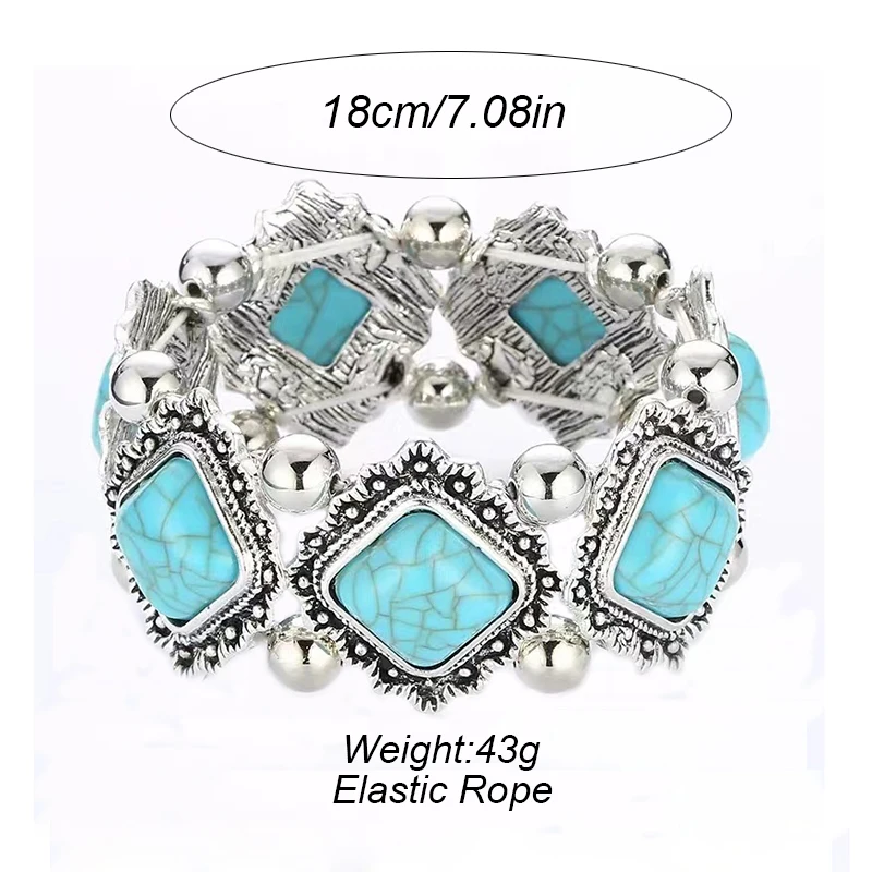 Vintage Bohemian Multicolor Stone Elastic Bracelets for Women Ethnic Personality Silver Color Metal Bracelet Party Jewelry