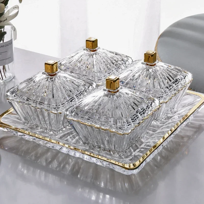 2-4Grid Glass Fruit Plate Nordic Tray Light Luxury with Cover Moisture-proof Living Room Household Candy Snack Nut Dessert Plate