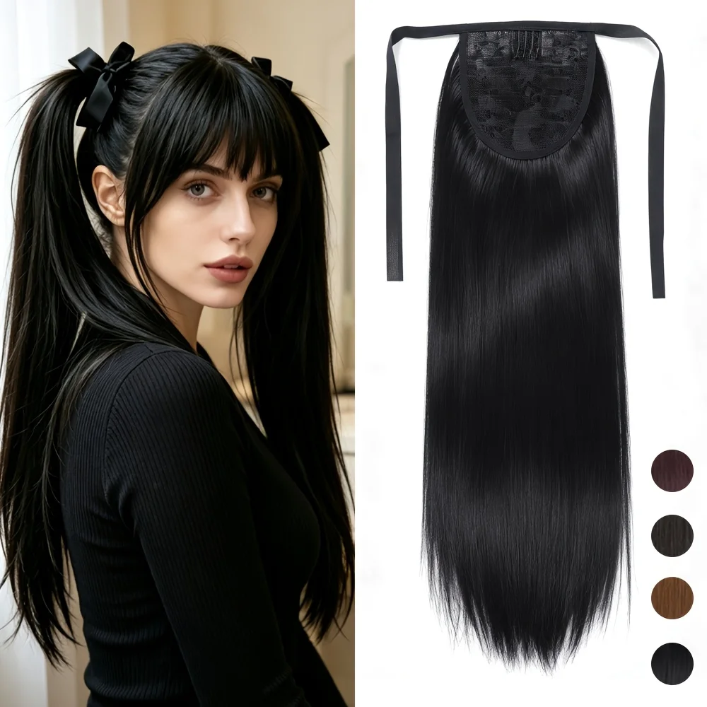 Double pigtails wig with ribbon bow and straight hair, heat-resistant fiber pigtails, cute style cosplay wig