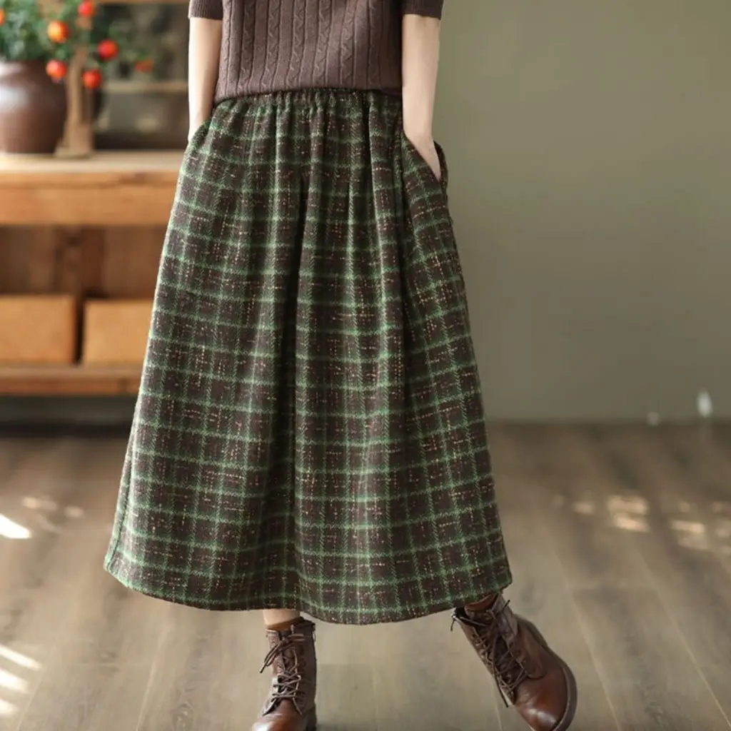 

2025 New Tartan Wool Blend Midi Skirt, Elastic Waist A-Line Boho Chic Women's Fall Winter Skirts