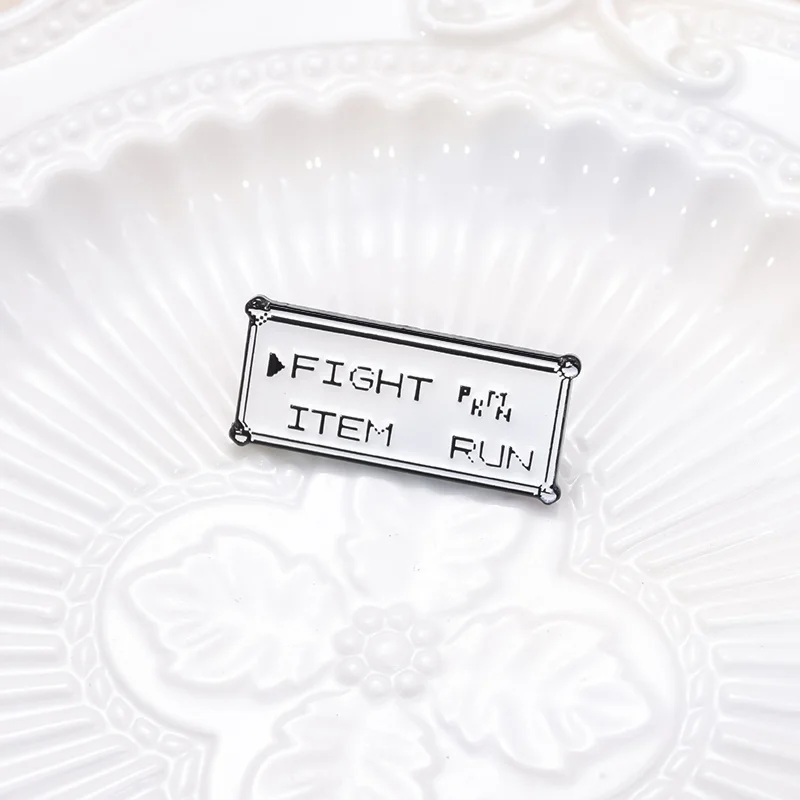 Fight PKMN Item Run Rectangular Text Enamel Pin Funny Anime Game Metal Brooches Backpack Lapel Badge Jewelry Gift for Friends