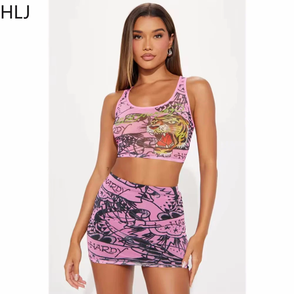 HLJ Fashion Pattern Letter Print Y2K Streetwear Women Round Neck Sleeveless Crop Top And Mini Skirt Two Piece Set Female Outfits